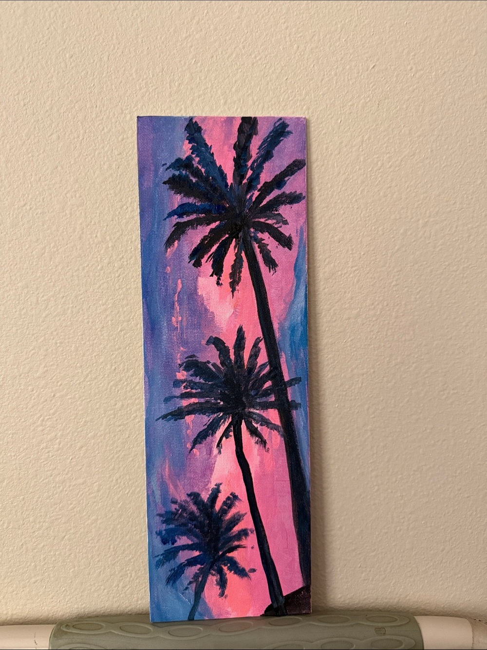 Hand-Painted Palm Tree Sunset Canvas - Pink & Blue, 4"x12" canvas panel